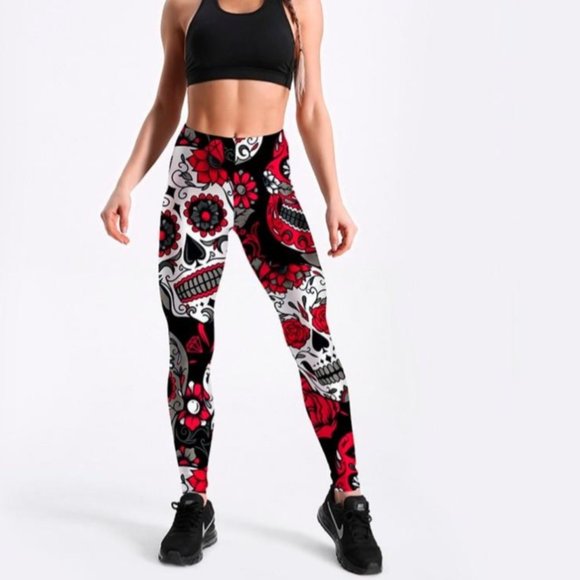 Skull & Flower Black Digital Print Leggings - Picture 4 of 4
